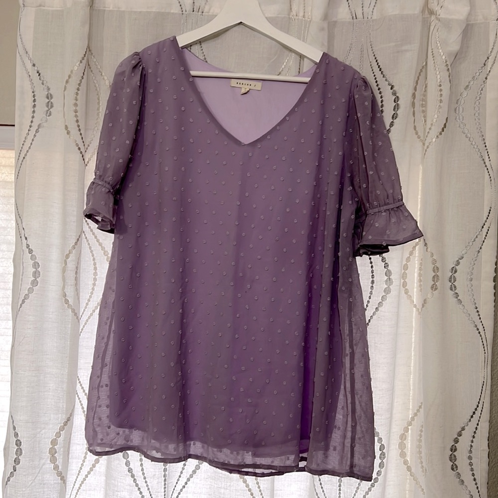 Reborn J Swiss Dot 1/2 Sleeve Blouse Tunic Lavender Purple V-Neck Women’s Size L